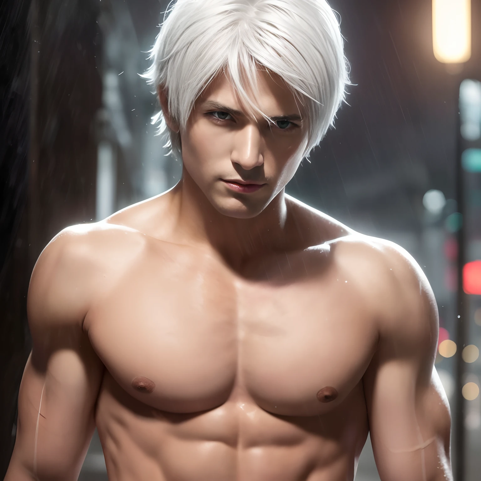 ((Best quality, 8K, Masterpiece: 1.3)), Sharp: 1.2, Dante from devil may cry game: 1.4, Slim abs: 1.2, ((White Hair Style, default outfit: 1.2)), , ( : 1.1), (rain, street: 1.2), Wet: 1.5, Highly detailed face and skin texture, Detailed eyes, Double eyelids, Looking at the camera