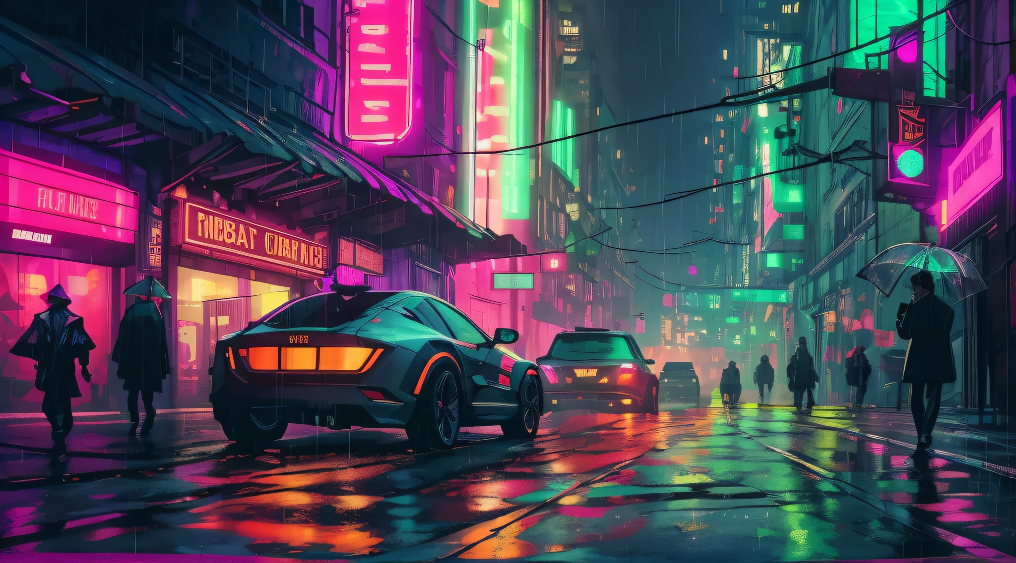 neon lights, futuristic buildings, bustling crowds, flying cars, rainy atmosphere, holographic advertisements, reflective surfaces, glowing signs, dark alleyways, electric cables, towering skyscrapers, augmented reality displays, vibrant colors, urban chaos, technological advancements, transparent umbrellas, steam rising from the streets, surveillance cameras, glowing cybernetic implants, gritty textures, underground clubs, hidden secrets, urban decay, smoky streets, flickering lights, futuristic fashion, sleek vehicles, dynamic compositions, nighttime cityscape, dystopian elements, cybernetic enhancements, glitch effects, high-tech gadgets, intense energy, mysterious figures, fast-paced movement, cybercrime, dark corners, architectural details, rain-soaked streets.