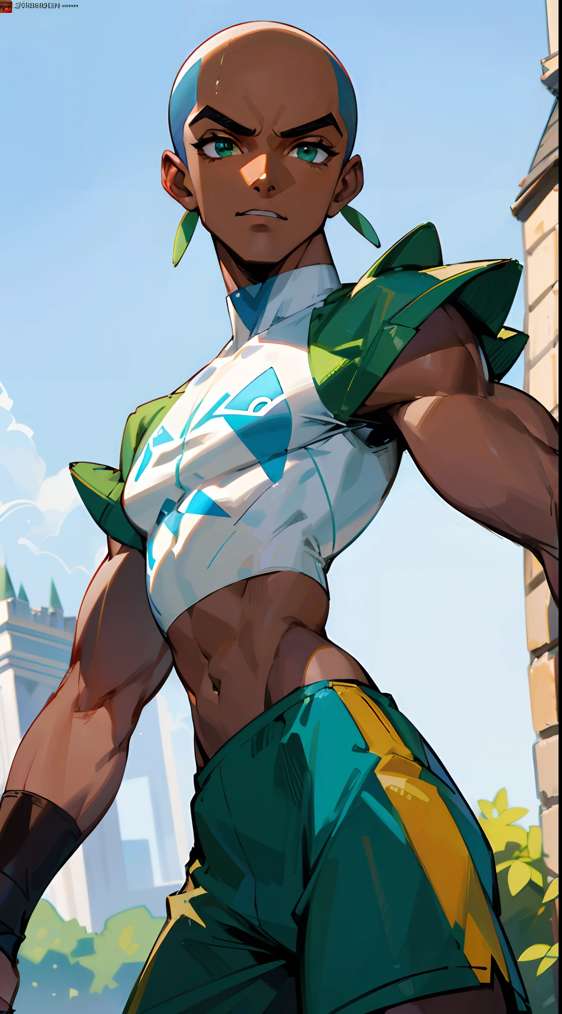 (absurdres, highres, ultra detailed, HDR), masterpiece, best quality, handsome man , shaved head , ((dark skin:1)), green eyes , ((brown skin:1)) , crop top , Pokémon trainer , full eyelashes, wearing blue and white ,