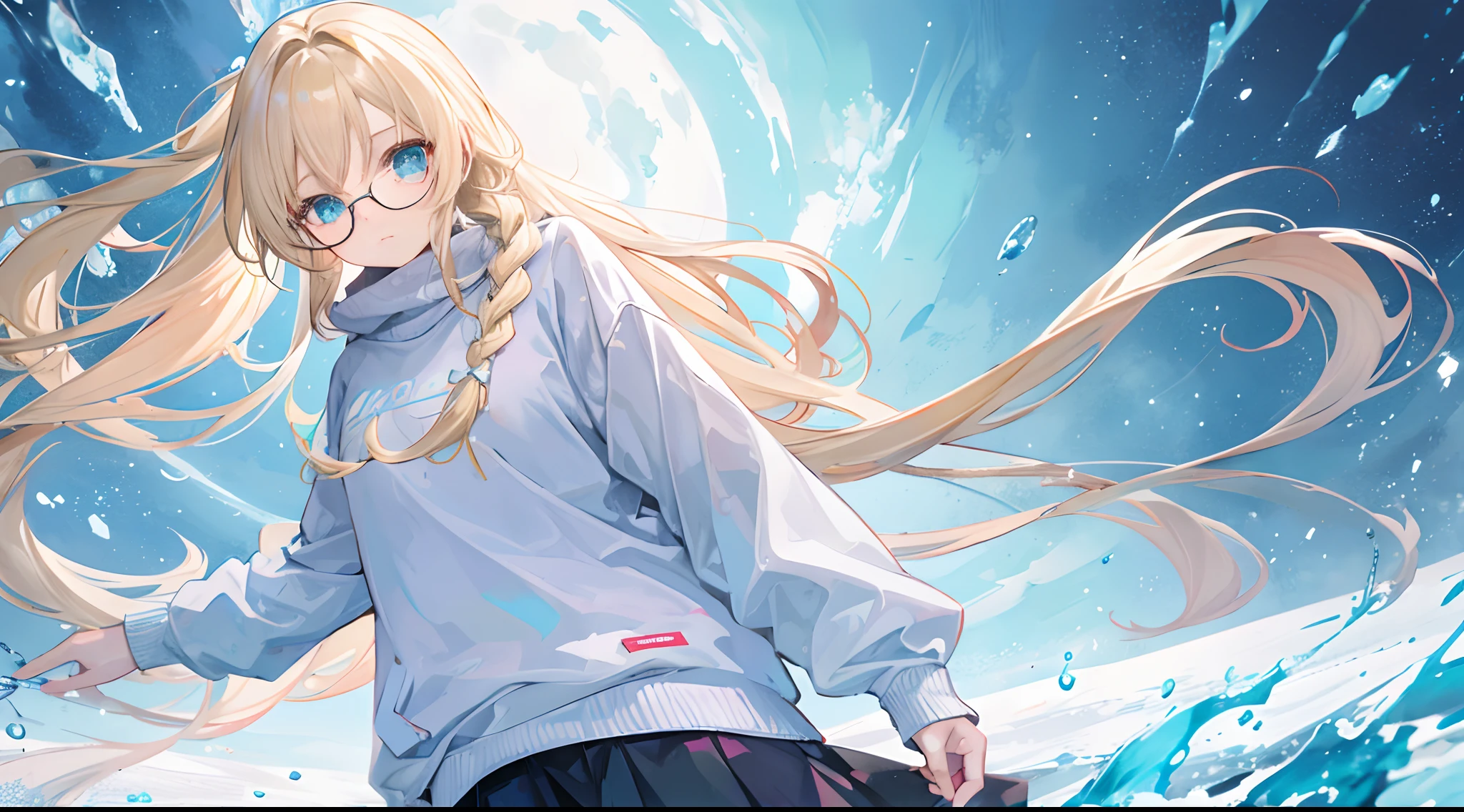 Women, age is 18 years old, blond hair, Turquoise eyes, long-haired, Right side braid, Wear glasses, Wear a sweater...,In the snowfield
