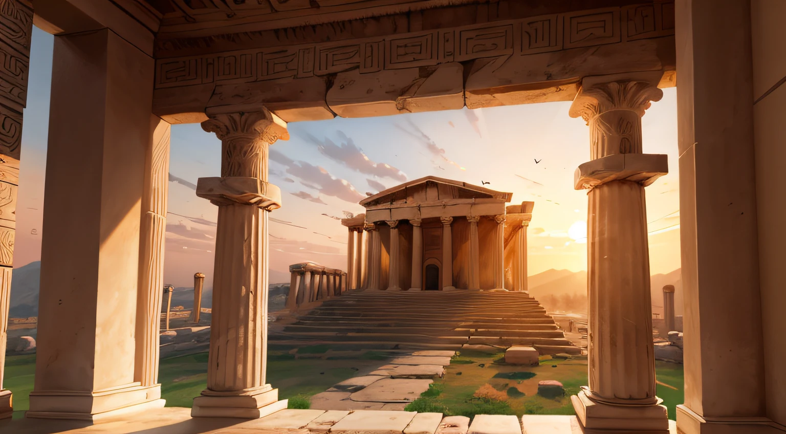 Ancient Greek buildings open environment from the time of ancient Greece at sunset