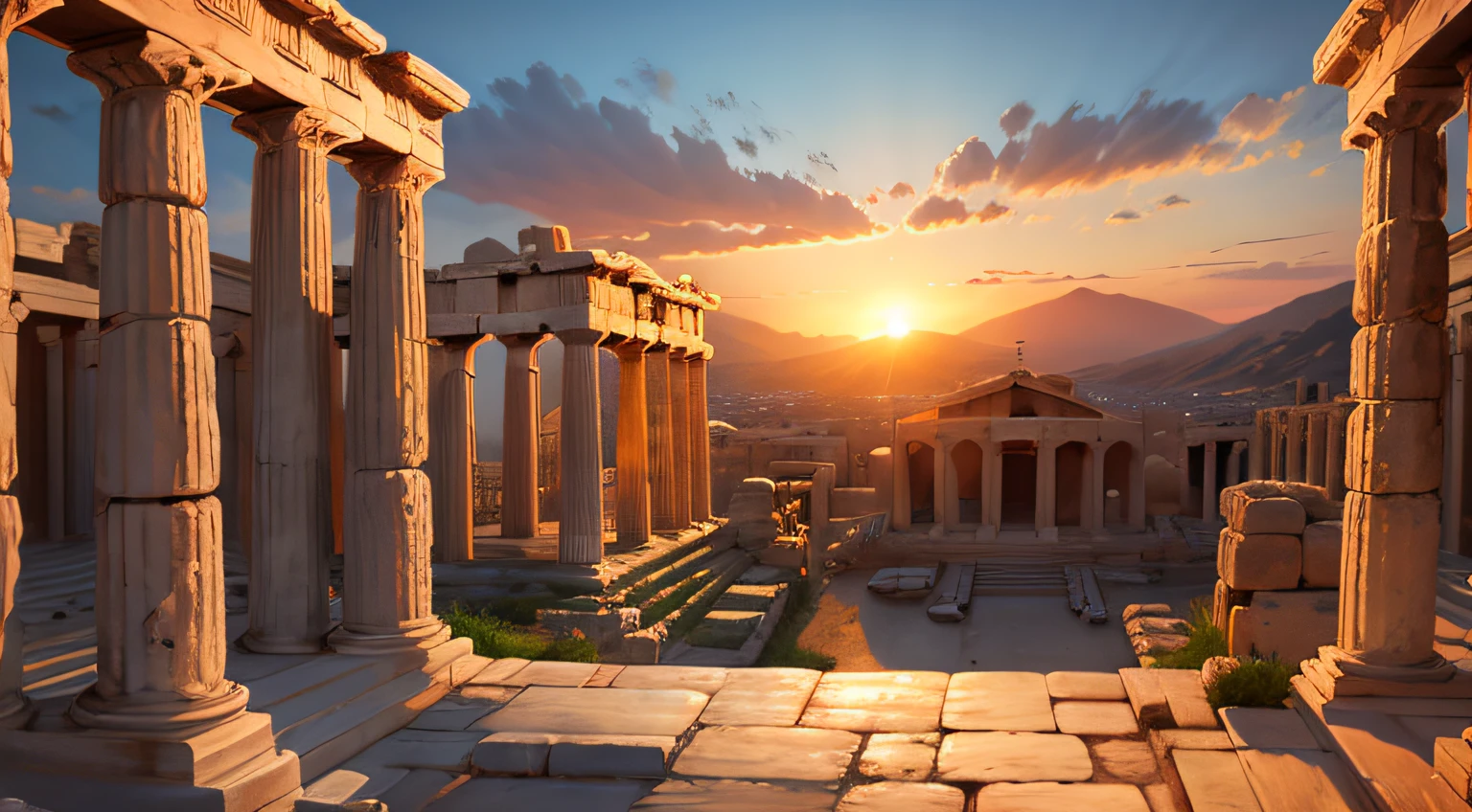 Ancient Greek buildings open environment from the time of ancient Greece at sunset