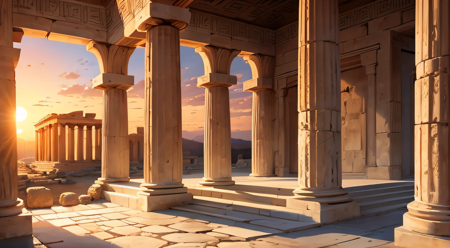 Ancient Greek buildings open environment from the time of ancient Greece at sunset