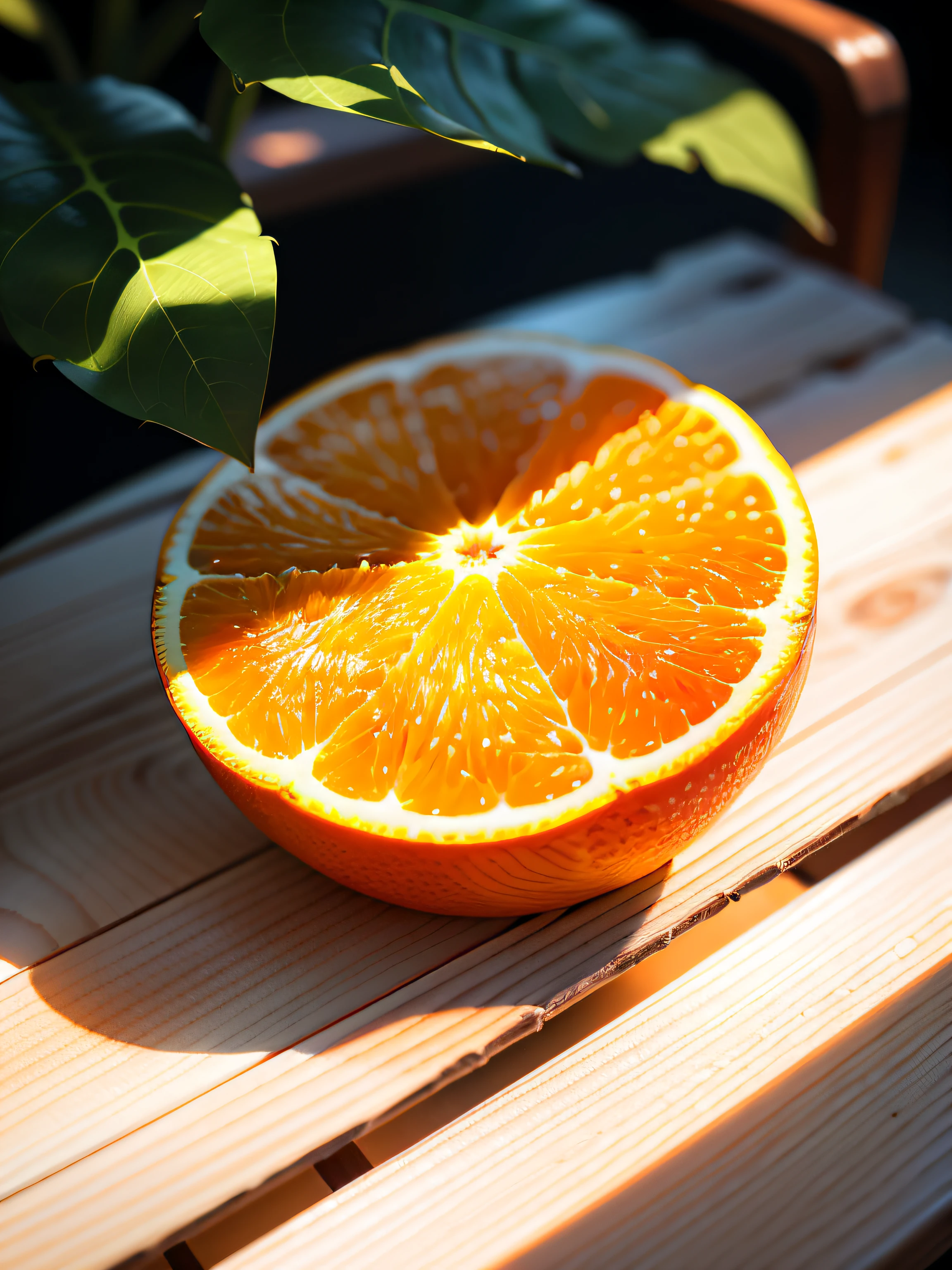 a ripe and juicy orange placed delicately on a wooden table, photography by Isabella Green, play of natural light and shadows, minute details of the bark and texture of the wood, organic and fresh atmosphere (best quality), (8k resolution), (ultra highres)