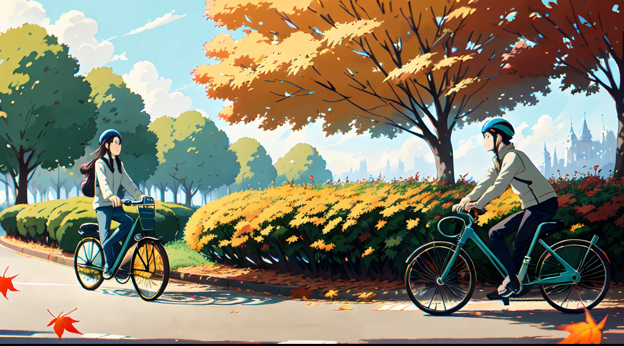 (bicyclette:1.5), (Realistic bike: 1.5), (realistic cyclist: 1.5), Plan en gros plan, Le meilleur des meilleurs, automne, orange leaves, nature, Landscaped background, ombres, contraste, Makoto Shinkai (beste-Qualit:1.3), (high resolucion:1) Art par Studio Ghibli Style, impressionnisme, couleurs vibrantes