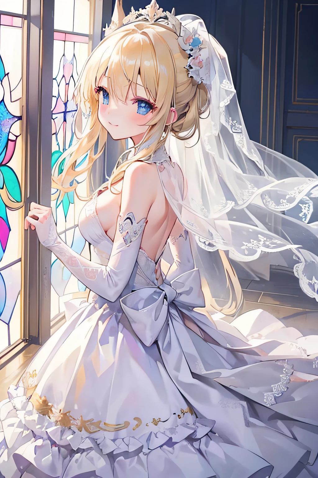 weddingdress、a white veil、tits out、a blond、(​masterpiece、top-quality、top-quality、Official art、Beautifully Aesthetic:1.2)、(1girl in:1.3)、、patterns、细致背景、association、stain glass、colourfull、a smile