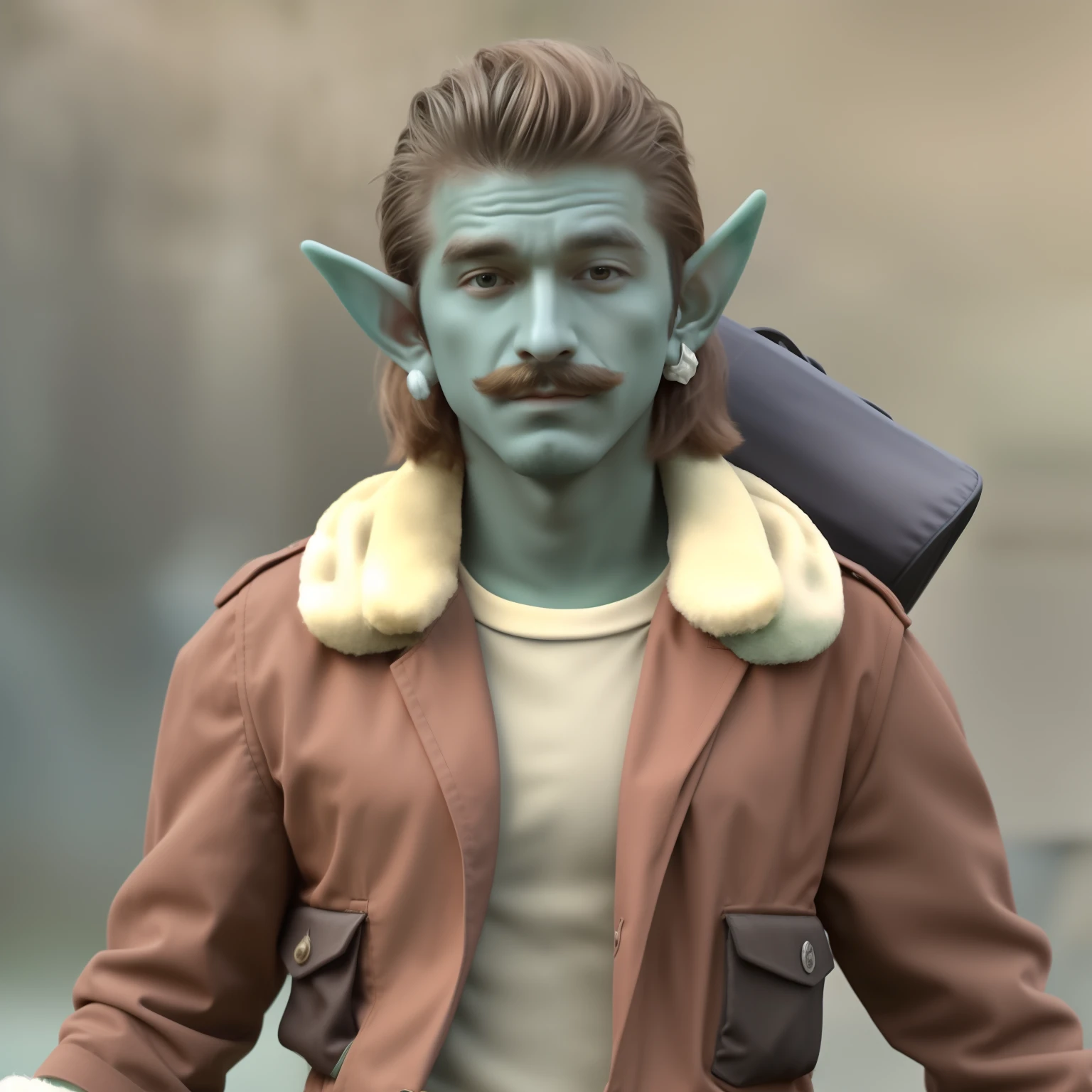 35 year old man, elf, seafoam green skin, brown hair in a mullet, brown chevron mustache