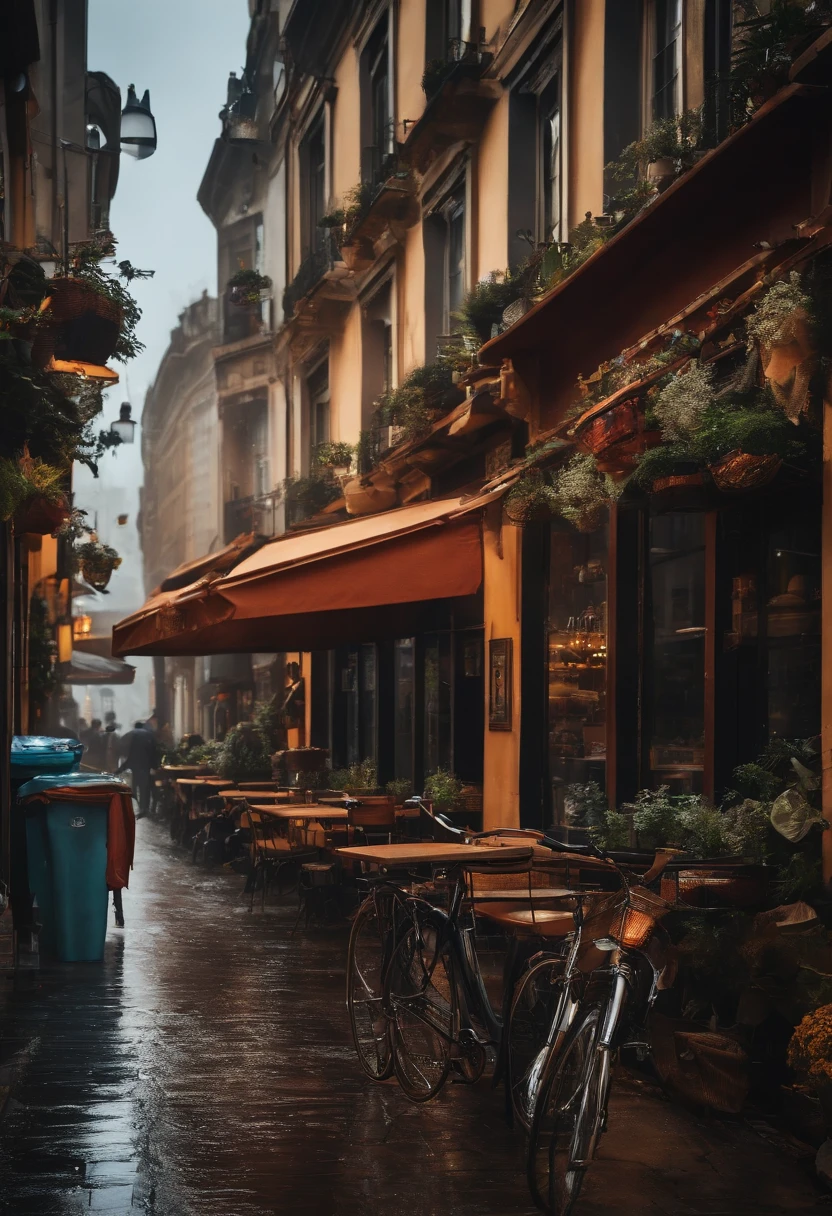 Photo of a cafe, wet street, buildings, busy street, cycle, garbage, nostalgia, ultra quality, hyper detailed,