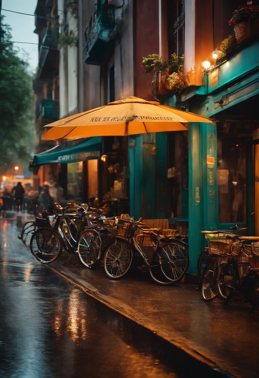 Photo of a cafe, wet street, buildings, busy street, cycle, garbage, nostalgia, ultra quality, hyper detailed,