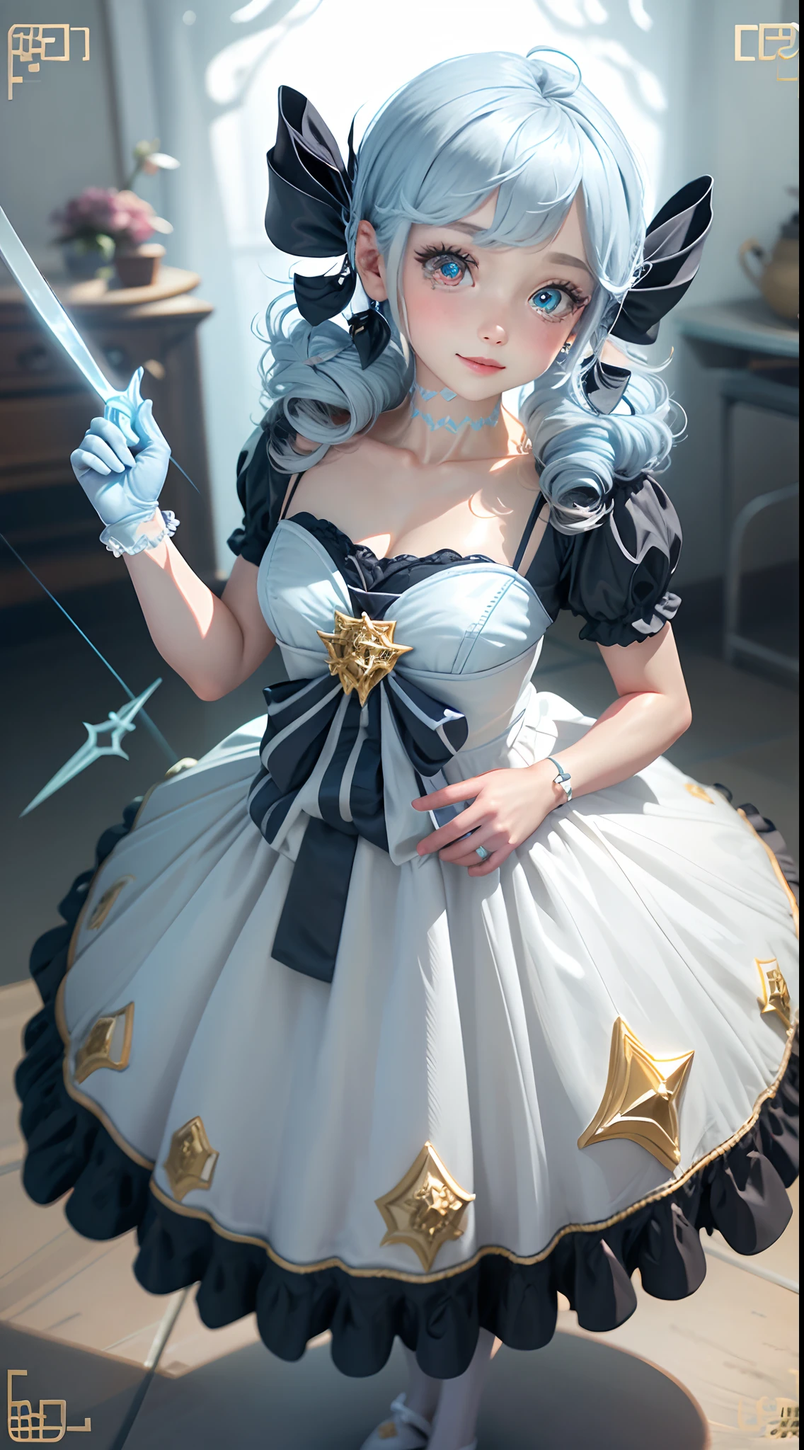 Seaside:, Movie Lighting, Glitter, God's Light, Full Body Photo (from above), 16K, 8K, High Quality, Award-Limited, Best Quality, Textured Skin, A Girl (Royal Sisters), Maid Costume (Light Blue and White: 1.3), Hair Flower, Hair Bow, Lolita Headband, Heart-shaped Pupils, Glowing Eyes, Smile (Blush), Accurate Hand 1.3 (Right Hand, Delicate Hand), Right Hand Scissors (Light Blue, Clear Polymer), Left Finger Forward, Doll Tied Around the Waist: 1.3,