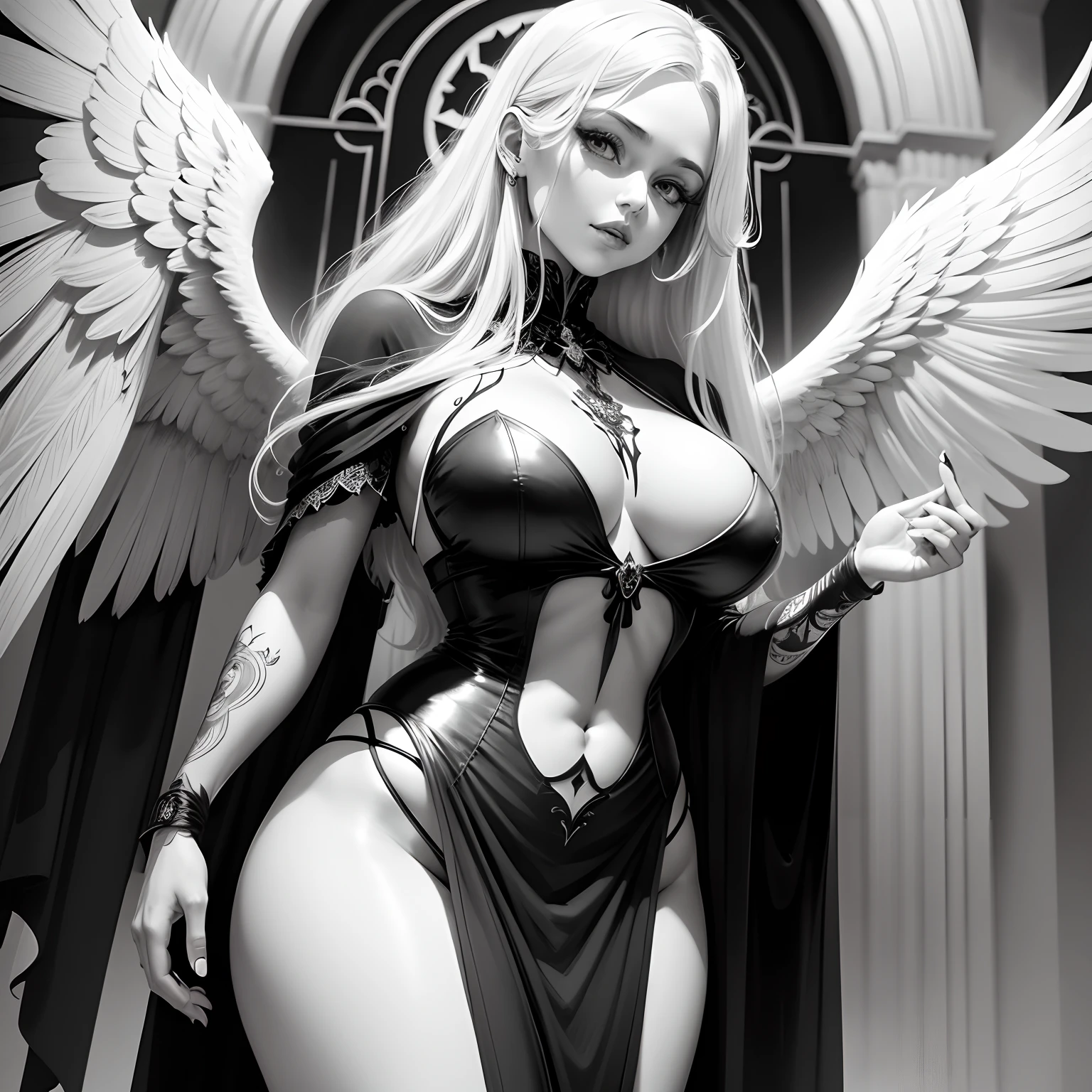 Beautiful gothic female angel of death, in the style of a coloring page, clean line art, clear line art, thick outline, white background, black and white, no color, coloring book page, coloring page, line art