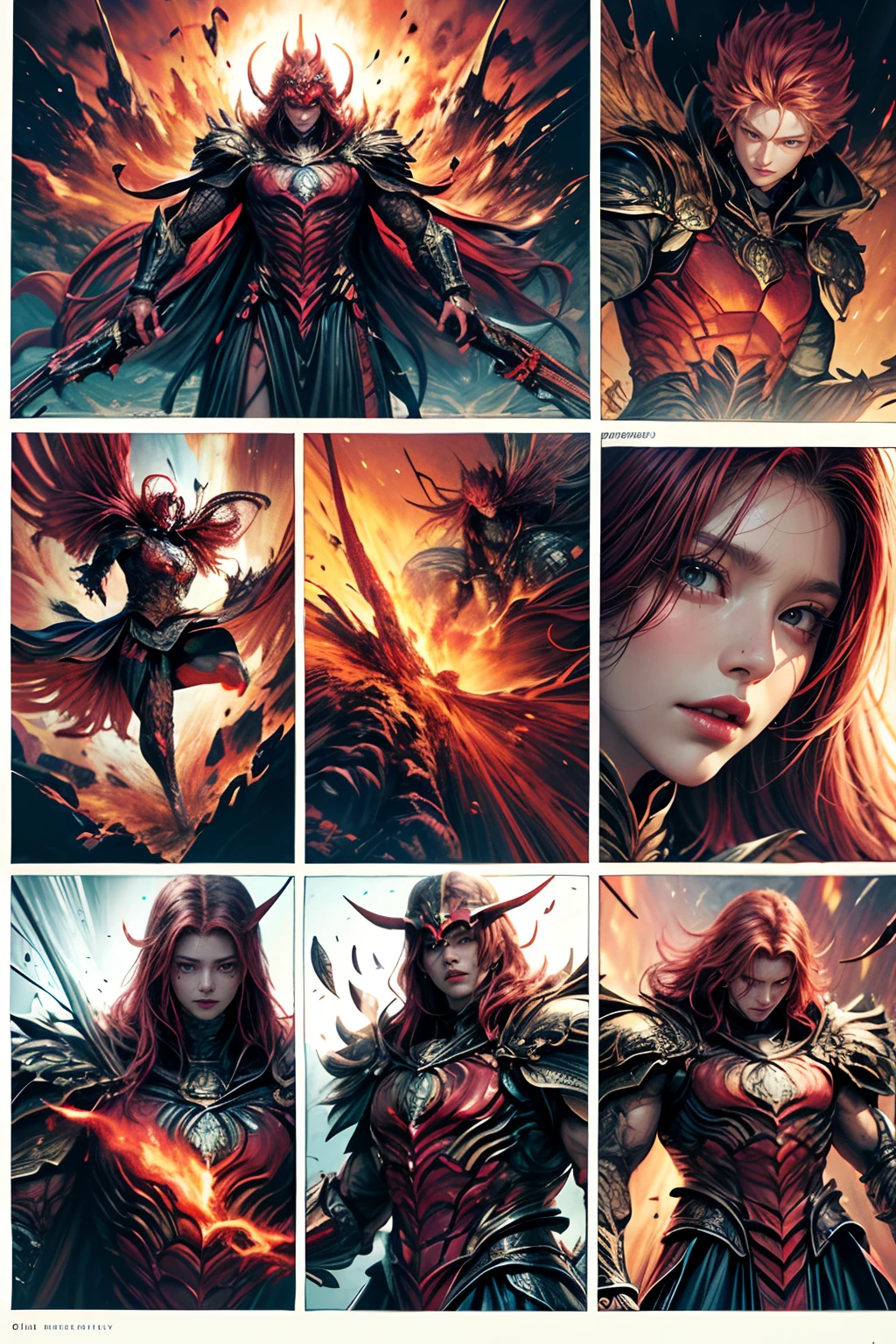 Comic storyboard:1.8, comic strip_layout,""The archangel descends,The Great Devil descends,Good versus evil,Fiery red sky", anatomy correct,metall armour,fantasy, Ethereal, (isolation:1.1), (glaze:1.1), (reflective light:1.2), glass, polygon, Ultra detailed, Intricate, oil on the canvas, Dry brush, (surrealism:1.1), (Disturbing:1.1), Enhanced detail., 32K ,hyper HD,Comics-like panel layout, Voice balloons, English text, Hand drawn audio stickers used in comics.