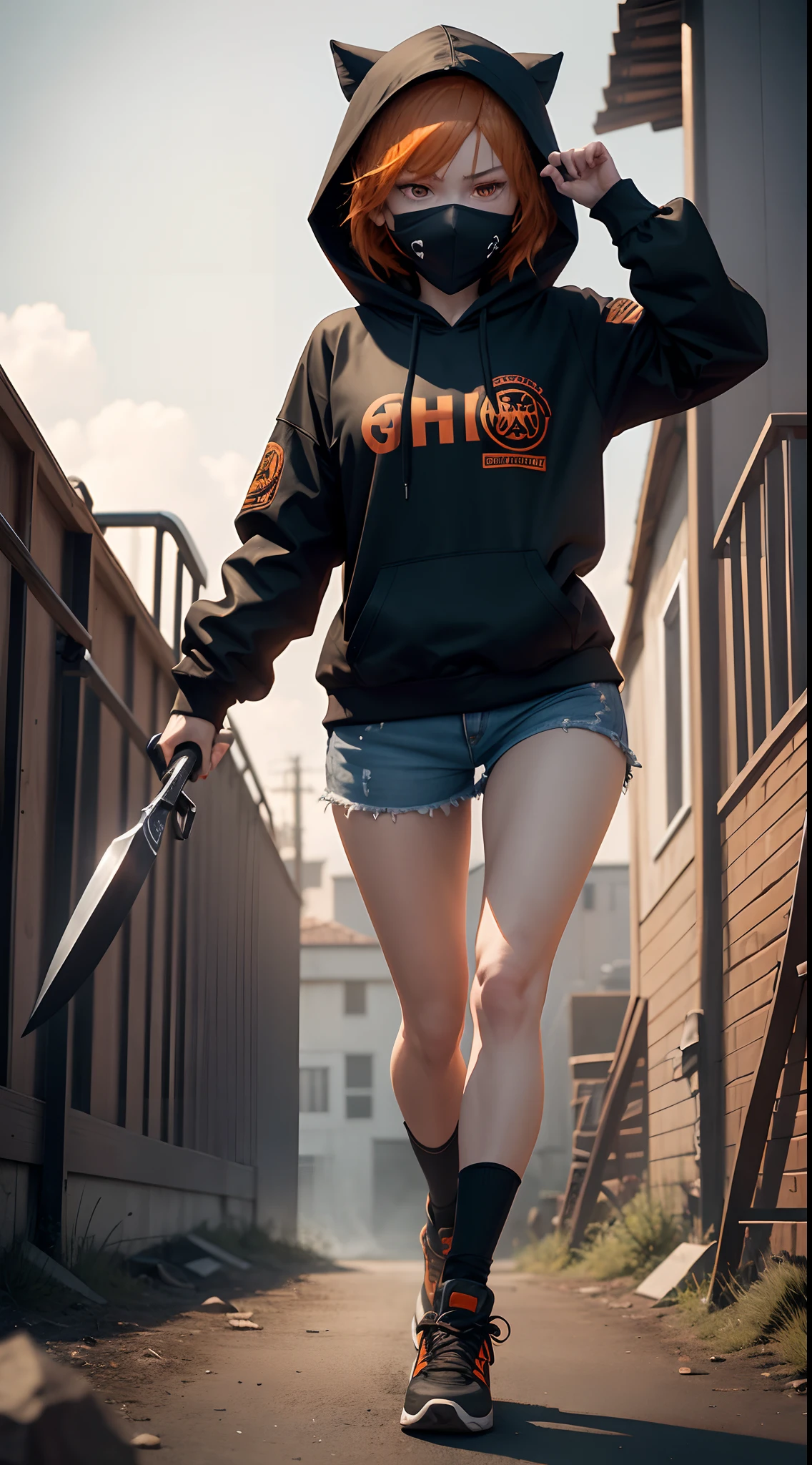 1 female 20 years old, medium orange hair, orange eyes, angry eyes, determined eyes, sharp eyes, wearing black hooded jacket, put on hood, hood up, cover her face with a hood, hide face, wearing jean shorts, wearing black shoes, hand holding hunting knife, raise the knife forward, prepare for assassination, prepare to attack, from the front, full body, full character, jumping up, jumping, legs curled up, slim thighs, open legs, kick with 2 feet, forward kick, falling, roof, late afternoon, sky, extremely detailed, best graphics, 8k, ultrasharp, masterpiece