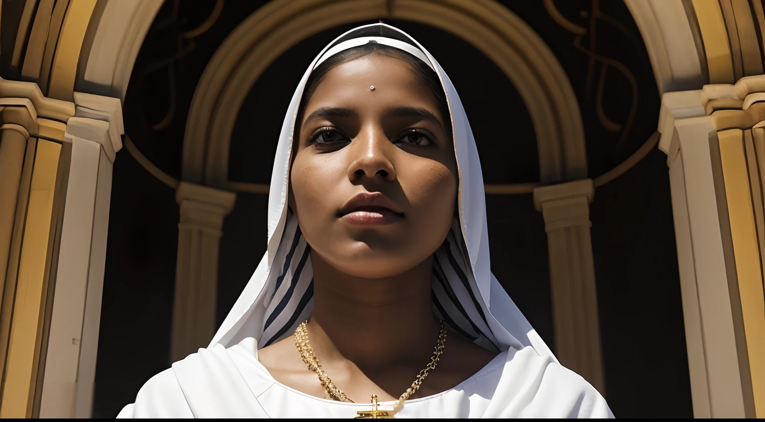 ((Blessed Virgin Mary. 19 anos))) ((( With a serious and pious face. Com um olhar doce e terno. Pele negra))) (obra prima, qualidade superior, melhor qualidade, Arte Oficial, Beautiful and Aesthetic: 1.2), (1girl), extremamente detalhado, (Arte Fractal: 1.3), Colouring, mais alto detalhado, rosto perfeito, parte superior do corpo, HDR, (Rezando: 1.3), (linhas douradas de pelagem branca: 1.2), galaxy, (listras leves), visuais atraentes, (dynamic stripes, Trilhas luminosas: 1.2), Cores vibrantes, Mulher negra!