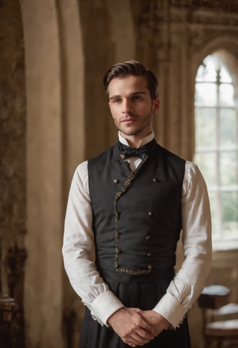 Um homem vitoriano bonito e viril, em roupas vitorianas elegantes, em um manor house. Do not use the same template used in the previous images