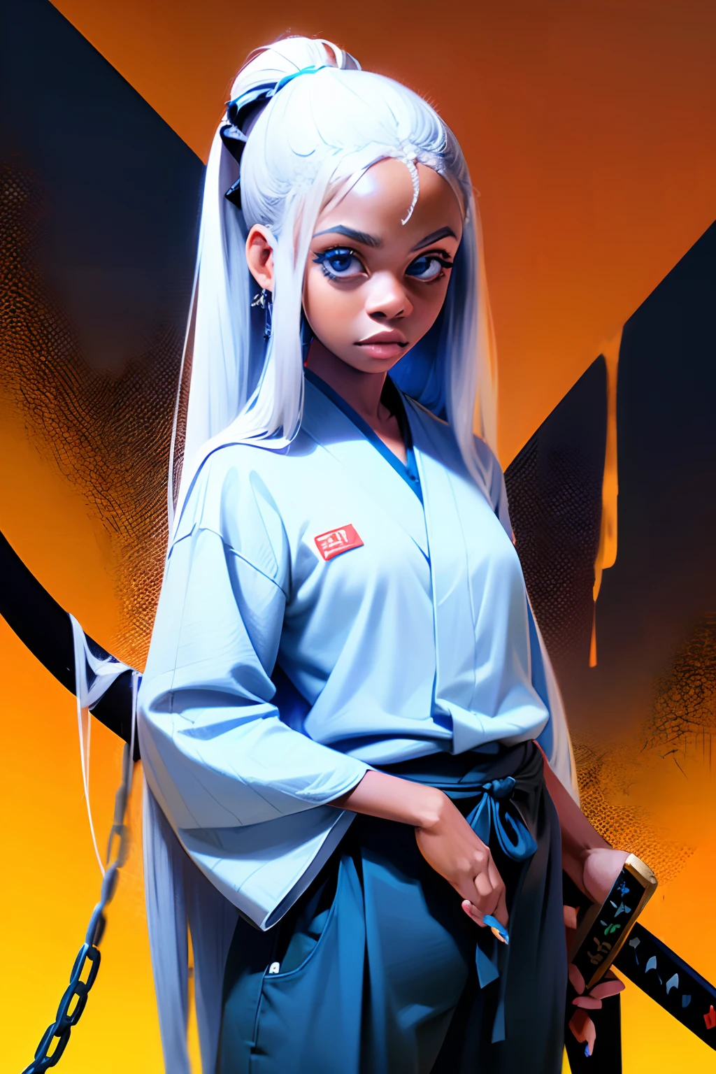 kimetsu no yaiba style, 1girl, tan dark black skin girl, blue eyes, white hair, extra very long curly hair, modified demon slayer uniform with slits along side the pants, white and blue kimono, white nails,chain sword katanas, Dyna_winds