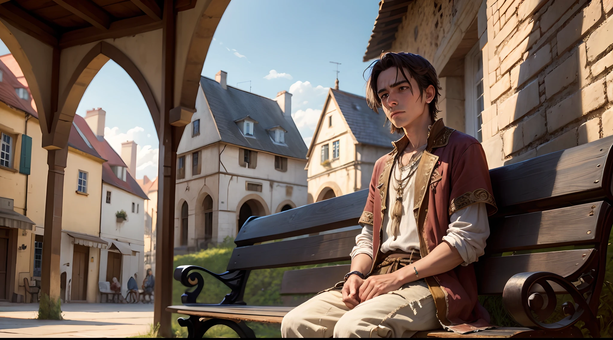 A king dressed in shabby clothes, sitting on a bench in a village square, with a look of sadness on his face.oil painting,8k
