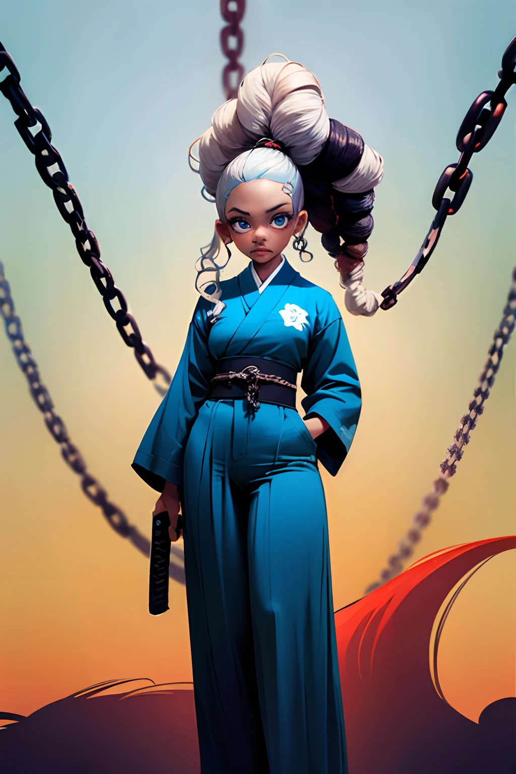 kimetsu no yaiba style, 1girl, tan dark black skin girl, blue eyes, white hair, extra very long curly hair, modified demon slayer uniform with slits along side the pants, white and blue kimono, white nails,chain sword katanas, Dyna_winds