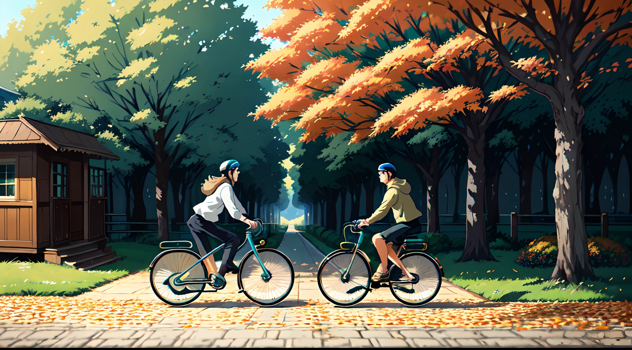 (bicyclette:1.5), (Realistic bike: 1.5), (realistic cyclist: 1.5), Plan en gros plan, Le meilleur des meilleurs, automne, orange leaves, nature, Landscaped background, ombres, contraste, Makoto Shinkai (beste-Qualit:1.3), (high resolucion:1) Art par Studio Ghibli Style, impressionnisme, couleurs vibrantes