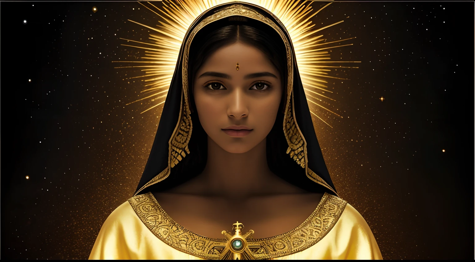 ((Blessed Virgin Mary. 19 anos))) ((( With a serious and pious face. Com um olhar doce e terno. Pele negra))) (obra prima, qualidade superior, melhor qualidade, Arte Oficial, Beautiful and Aesthetic: 1.2), (1girl), extremamente detalhado, (Arte Fractal: 1.3), Colouring, mais alto detalhado, rosto perfeito, parte superior do corpo, HDR, (Rezando: 1.3), (linhas douradas de pelagem branca: 1.2), galaxy, (listras leves), visuais atraentes, (dynamic stripes, Trilhas luminosas: 1.2), Cores vibrantes, Mulher negra!