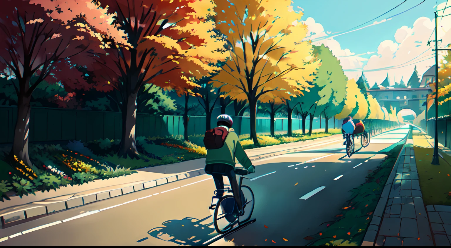 (bicyclette:1.5), (Realistic bike: 1.5), (realistic cyclist: 1.5), Plan en gros plan, Le meilleur des meilleurs, automne, Orange leaves, Feed, Landscaped background, ombres, contraste, Makoto Shinkai (beste-Qualit:1.3), (high resolucion:1) Art par Studio Ghibli Style, impressionnisme, couleurs vibrantes