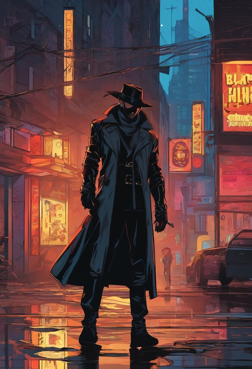 location: Set the scene tough, Rain-soaked city alleys. Emphasize the contrast between darkness, Wet pavement and neon sign in background, Cast an eerie glow. Character style: Present our heroes with meticulous attention to detail. Their stylish black outfits should have a slight reflective sheen, The crimson mask should appear both mysterious and iconic. Style suggestions: Use deep, Moody colors，Focus on shadows and reflections，Creates a black atmosphere.