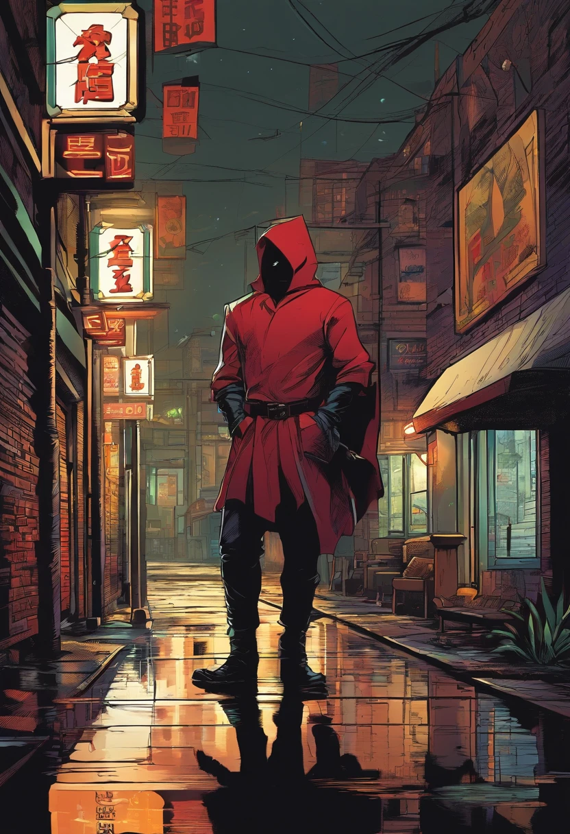 location: Set the scene tough, Rain-soaked city alleys. Emphasize the contrast between darkness, Wet pavement and neon sign in background, Cast an eerie glow. Character style: Present our heroes with meticulous attention to detail. Their stylish black outfits should have a slight reflective sheen, The crimson mask should appear both mysterious and iconic. Style suggestions: Use deep, Moody colors,Focus on shadows and reflections,Creates a black atmosphere.
