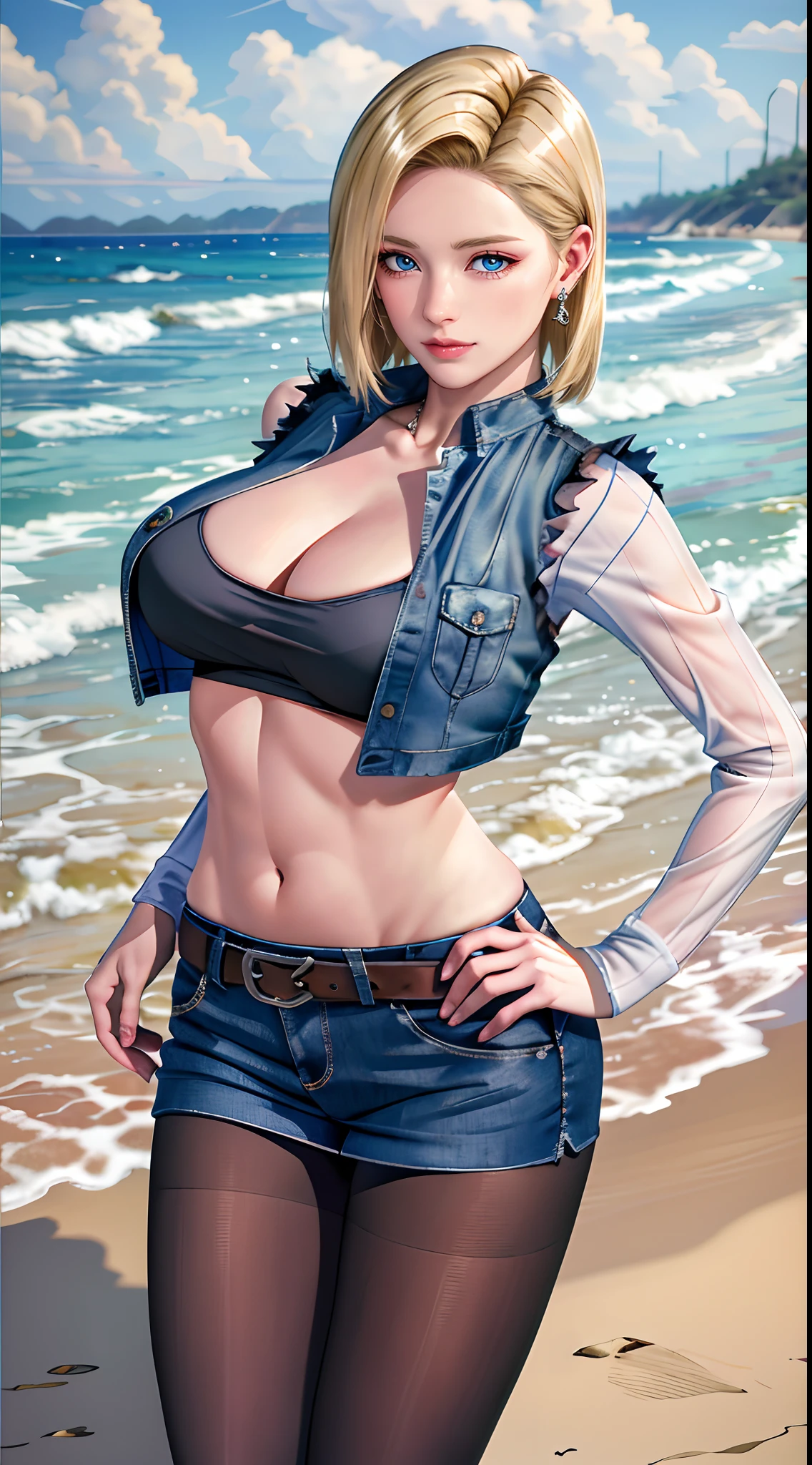 Android 18，and 18， 1girll， Android 18， 独奏，Android 18 database， （（（blond hairbl， eBlue eyes， short detailed hair，耳Nipple Ring， jewely， laughingly，self-assured））），((Masterpiece)),A high resolution, ((Best quality))，tmasterpiece，top-quality，best qualityer，（（（ looking at viewert, There is light in the eyes，Exquisite facial features）））