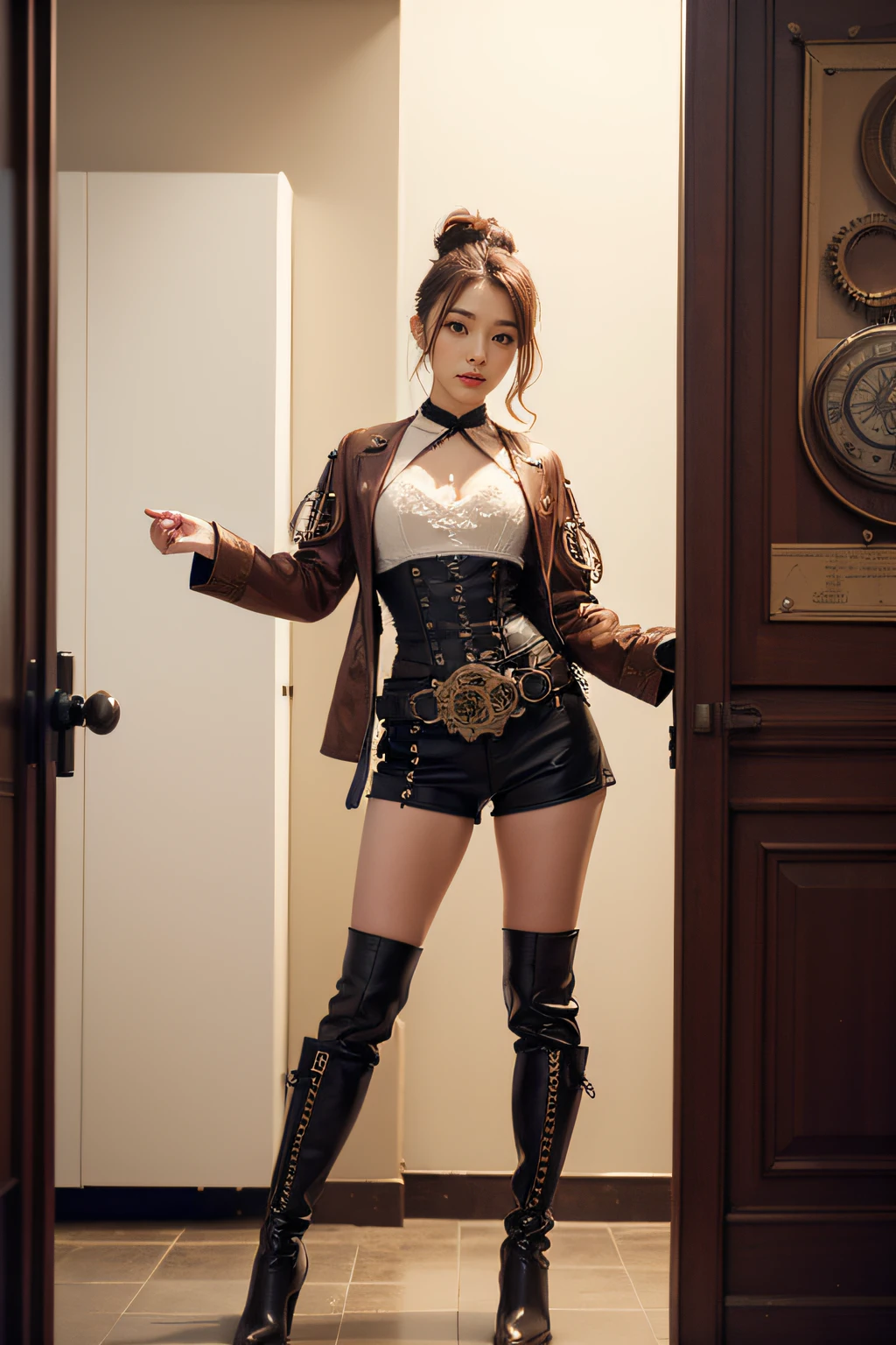 Jeong Seoha,  beautiful face,  chignon_hair,  wearing steampunk_shorts_outfit,  leg straps,  below_knee_boots,  chignon hair,  gears,  wires,  mall_fitting_room background, fittingroom,  full body full height,  (masterpiece:1.2),  (ultra detailed),  (best quality)brown and white accent clothes, fitting room,