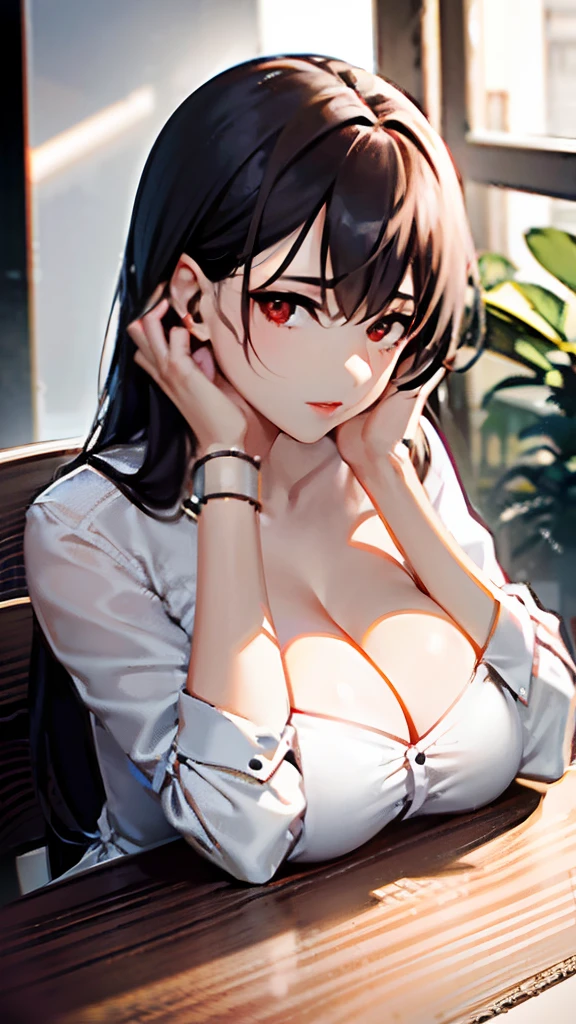 White button shirt, (masterpiece)), ((best quality)), (ultra-detailed), (lovely), ((extremely detailed)), 4K, (8K), best quality, (beautiful),(((world-class quality))), extremely detailed, high resolution, (detailed shaded pretty face), solo, (((sagging breasts))), at the club, white buttoned up shirt, white button shirt, sitting behind table, breast on the table, head resting on hand, long hair, red eyes, red lips, only upper body showing, sitting across from viewer, facing viewer, sharing the same table, seeing only the upper part of the body, chest up, close up shot of torture, head resting on hand, arm lay on table infront of breasts, arm closer to breasts, 1 arm closely pressing into breasts