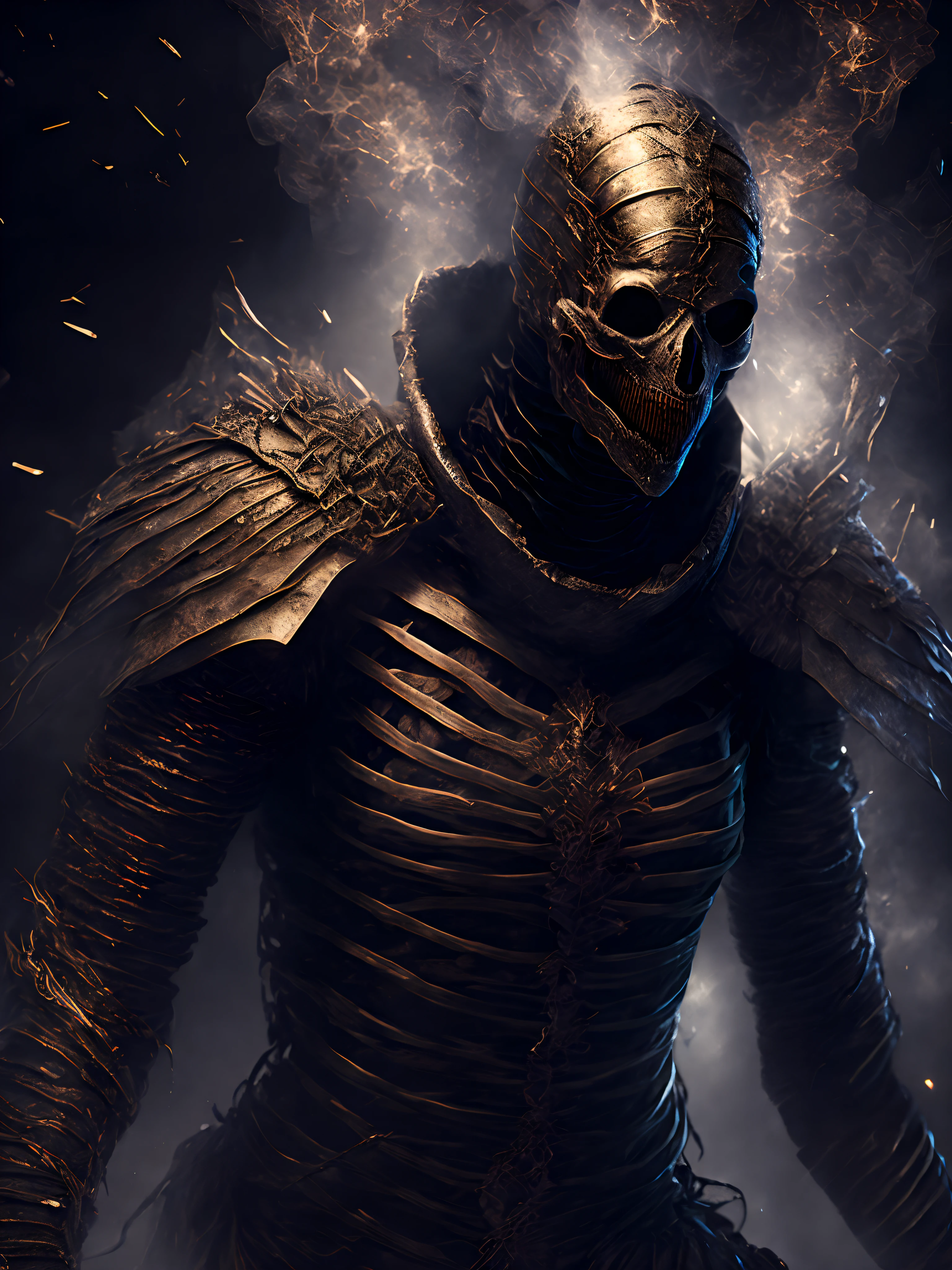 Close-up ( creepy wrapped mummy from DC in Goth style: 1.3) emerging from the Ghsot under world, extremely detailed, smoke, sparks, metal shavings, flying debris, volumetric light