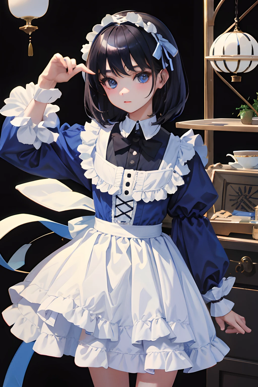 ,(masterpiece,Highest Quality),Blue Lolita Clothes,A dark-haired,black tea