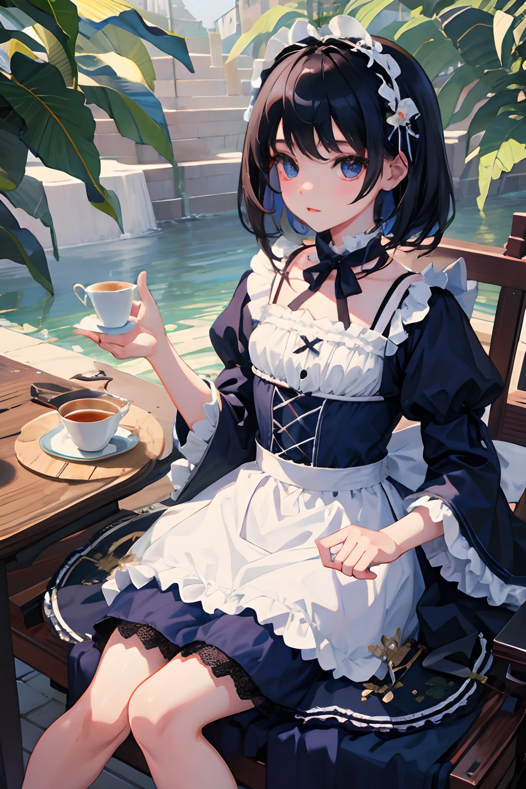 ，（​masterpiece，Highest Quality），Blue Lolita Clothes，A dark-haired，black tea