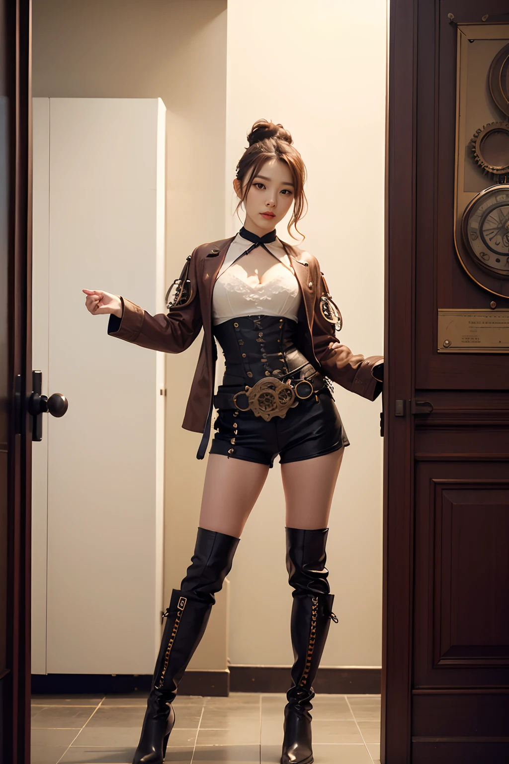 Jeong Seoha, beautiful face, chignon_hair, wearing steampunk_shorts_outfit, leg straps, below_knee_boots, chignon hair, gears, wires, mall_fitting_room background, fittingroom, full body full height, (masterpiece:1.2), (ultra detailed), (best quality)brown and white accent clothes, fitting room,