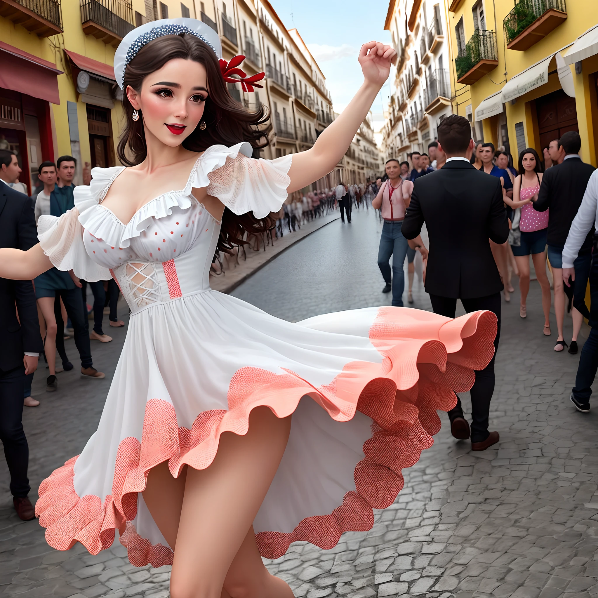 Woman dressed in a white flamenco dress with red polka dots dancing in the streets of Triana of the city of Seville in Spain