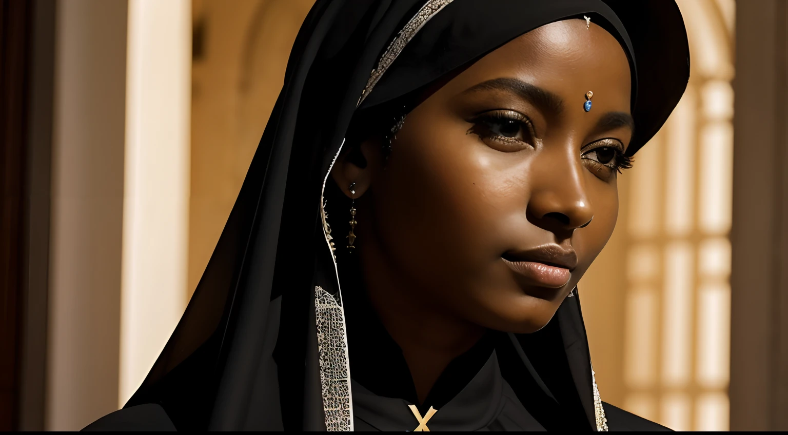 ((Blessed Virgin Mary. 19 anos, Mulher negra))) ((( With a serious and pious face. Com um olhar doce e terno, pele negra))) (obra prima, qualidade superior, melhor qualidade, Arte Oficial, Beautiful and Aesthetic: 1.2), (1girl), extremamente detalhado, pele negra(Arte Fractal: 1.3), Colouring, mais alto detalhado, rosto perfeito, parte superior do corpo, HDR, (Rezando: 1.3), (linhas douradas de pelagem branca: 1.2), galaxy, (listras leves), visuais atraentes, (dynamic stripes, Trilhas luminosas: 1.2), Cores vibrantes, Mulher negra.