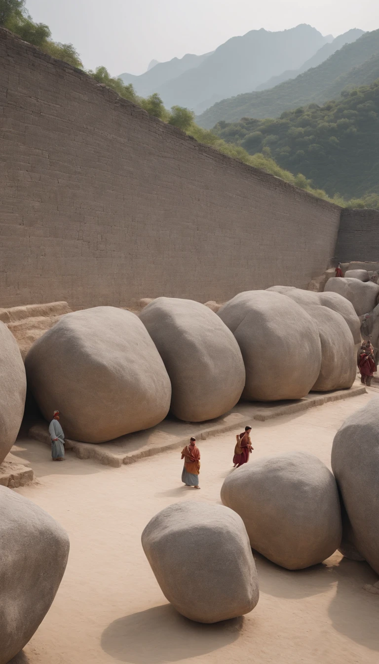 Describe a historical scene in which ancient workers were carrying massive stones for the construction of the wall of china in 8k