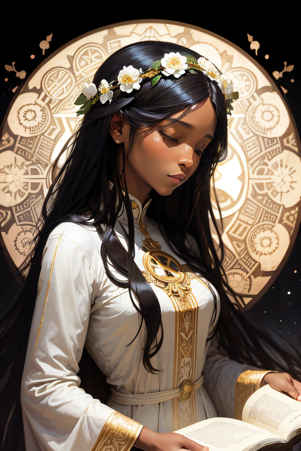 woman, long black hair, ebony, by alphonse mucha, white dress, priestess, crazy details, light from above, reading a book, small flower wreath, eyes closed, luminous halo