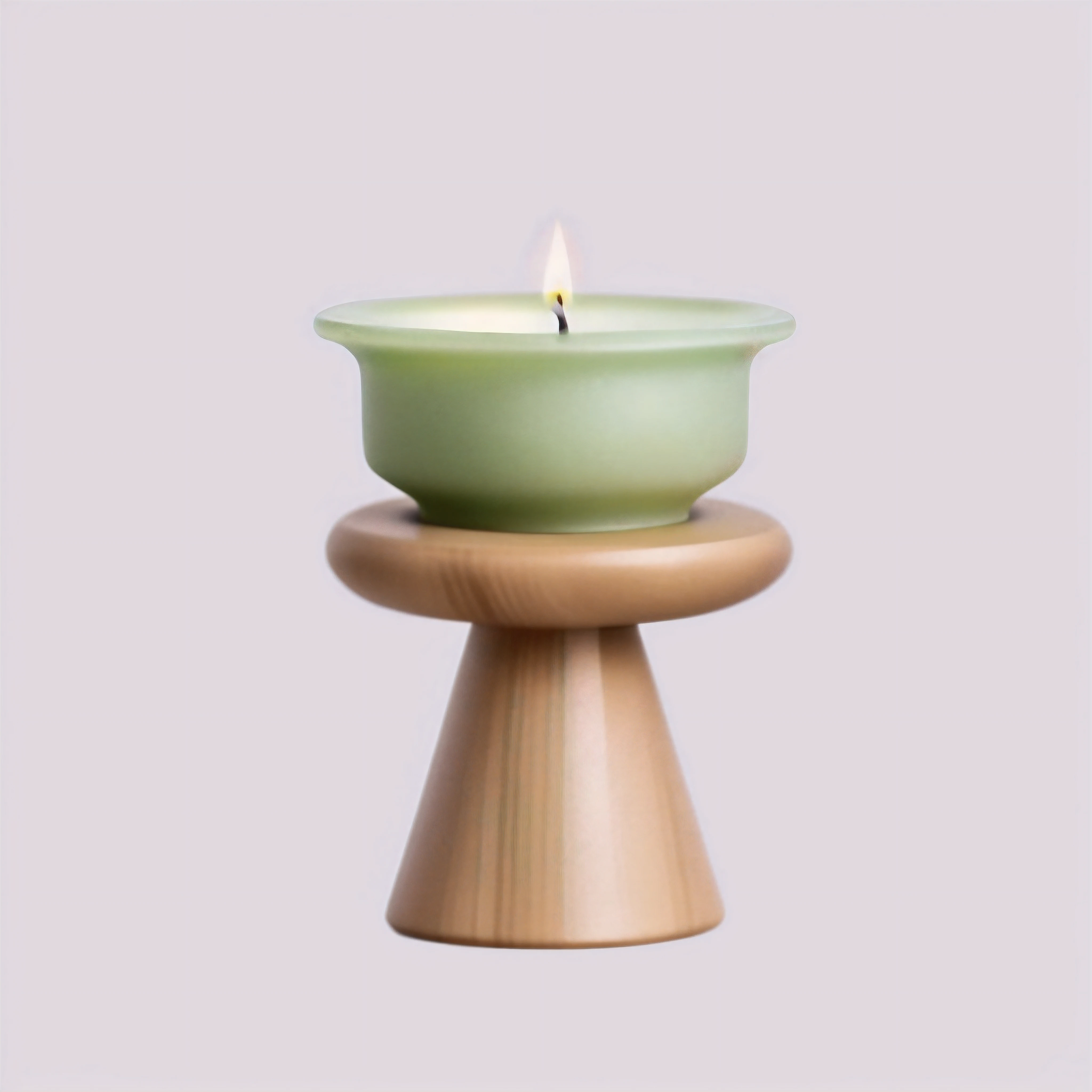 On the wooden shelf is a small green candle, Candle, on a candle holder, holding a candle holder, verde claro, 16k,with celadon glaze,high quality product photo,