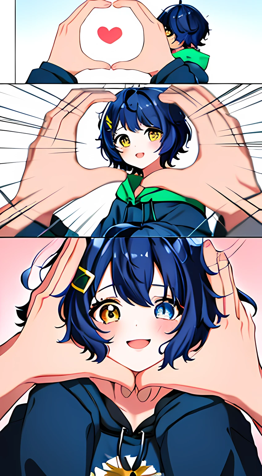 ((best quality)), ((highly detailed)), masterpiece, absurdres, (detailed eyes, deep eyes), (1girl), best quality, Ai_Ohto0, blue_hair, short_hair, ahoge, hairclip, heterochromia, blue_eyes, yellow_eyes, yellow_hoodie, IncrsSnootChallenge, comic, pov hands, smiling