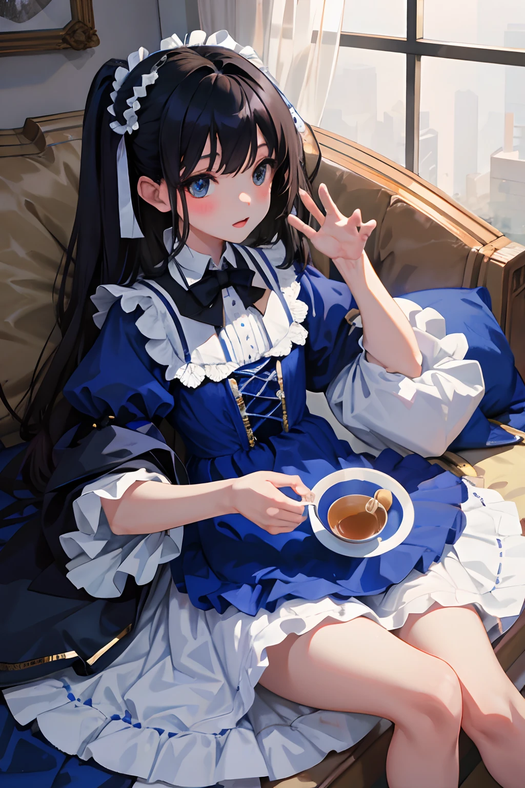 child,(masterpiece,Highest Quality),Blue Lolita Clothes,A dark-haired,black tea