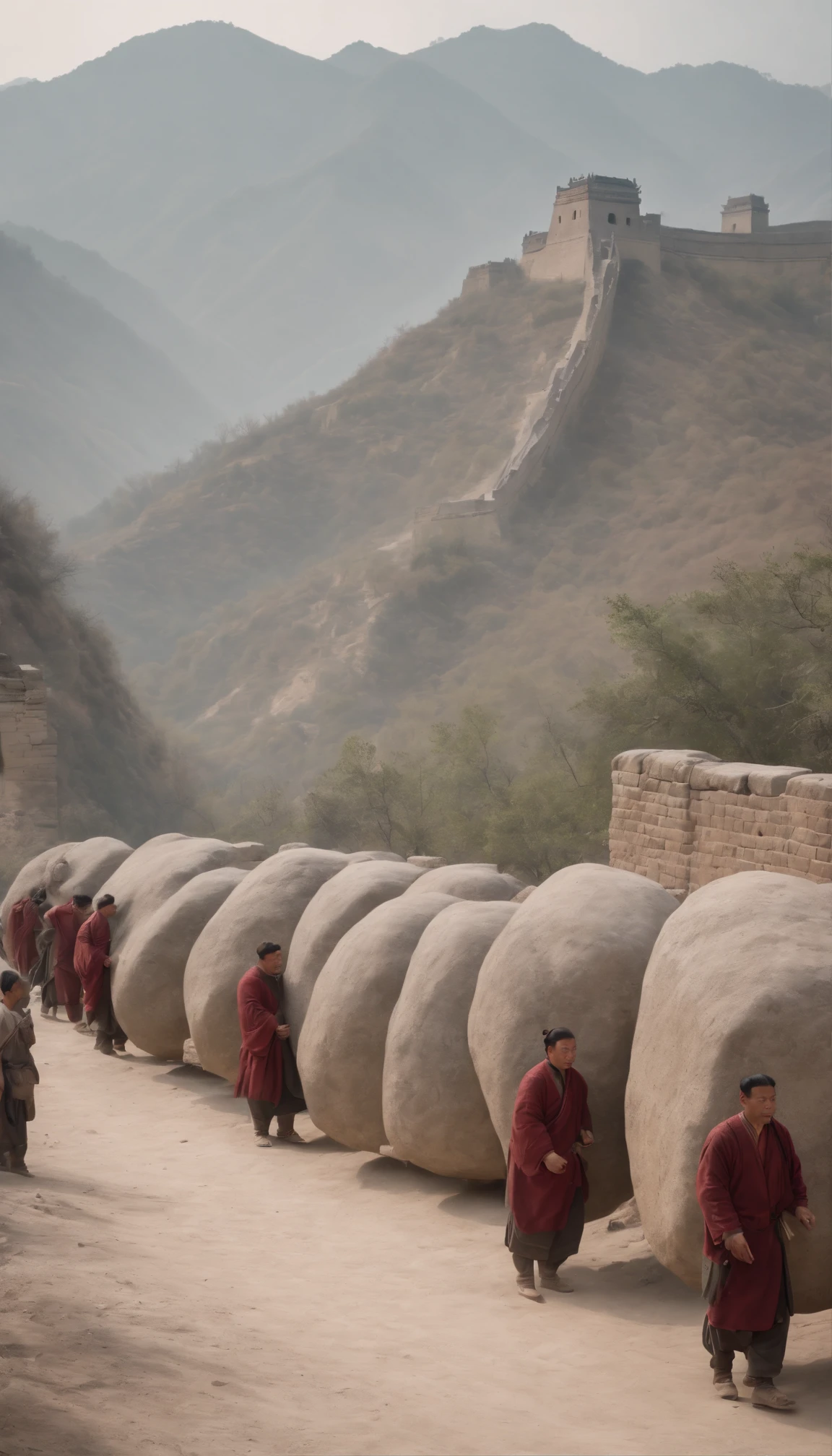 Describe a historical scene in which ancient workers were carrying massive stones for the construction of the wall of china in 8k
