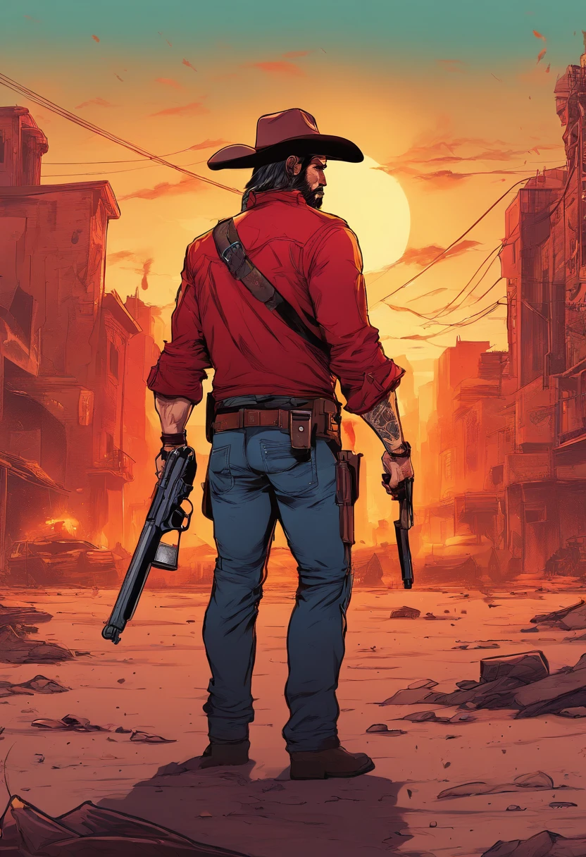 Best quality,digitalportrait,(Red,scarlet,blood-red,dark red color:0.9),(fatal,Grim,Dark:0.9),(Intense,blazing,fiery:1.2) atmosphere,Raging (Outlaws,cavalry:1.1),(Fierce,wild:1.1) Horses, Dusty trails, (Sunset,the sunset:1.1),Holy City. Dennis, (vibrant,Lively:1.1),(Busy, Bustling:1.05),(Crowded,crowed:0.95) Streets,(grimy,Dirt covering,Dusty:1.2) Buildings, (mysterious,haunting:1.05) alleys, Mikabel gang, (sinister,menacing:1.1),(Wanted,notorious:1.05) convict, (Hidden,Shady:hidden in the shadows) alleys, (Tension,uneasy:1.1), (Dynamic,Full of movement:1.1),(Energetic,Lively:1.1) Action, (Fast-paced,Rapid heartbeat:1.1) Pursuit, (wild,Wild - Western:1.05) ambiance, (Determined,Resolute:1.1) Outlaws, (the gunslinger,cowboy:1.1) bucket-hat, (Leather collar,Dusty:1.05) coat large, (twisted,Sharp:1.1) lbeard, (glimmering,Fierce:1.05) Eyes, (cavalos,hooves:1.1) Thundering, (Dust,Dirt:1.1) Swirling, (Determination,Stubborn:1.1) In their eyes, (dual,Tattered:hand gun) Holster, (Full of tension,broody:1.1) atmosphere, (law enforcement,City dwellers:0.9) staredown, (actionpacked,Tense:1.1) scene, (Breathtaking,Awe-inspiring:1.05) energy