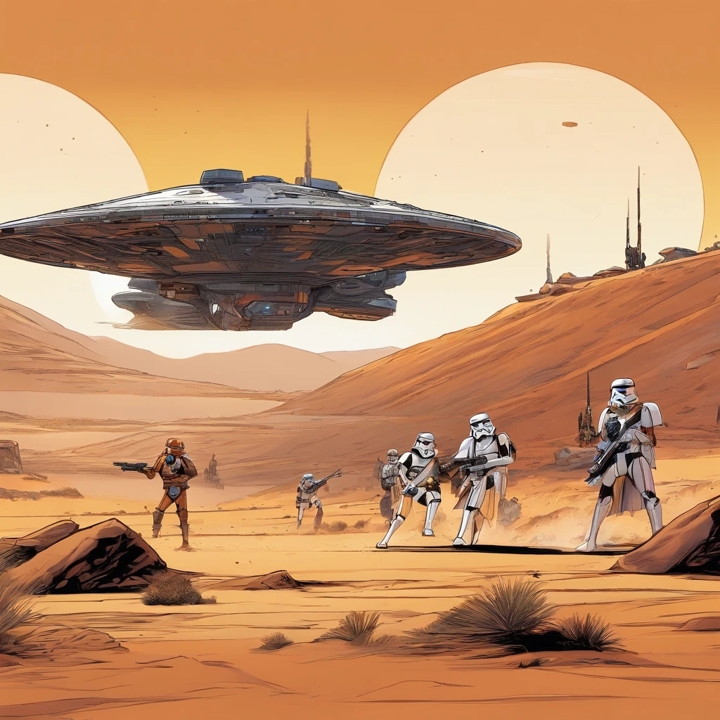 star wars scene with a group of troopers and a spaceship, battle of geonosis, inspired by Ralph McQuarrie, star wars concept art, tie fighters patrolling, tatooine, concept art artwork masterpiece, on a remote desert planet, lucasfilm jesper ejsing, from star wars legends, star wars art, droids