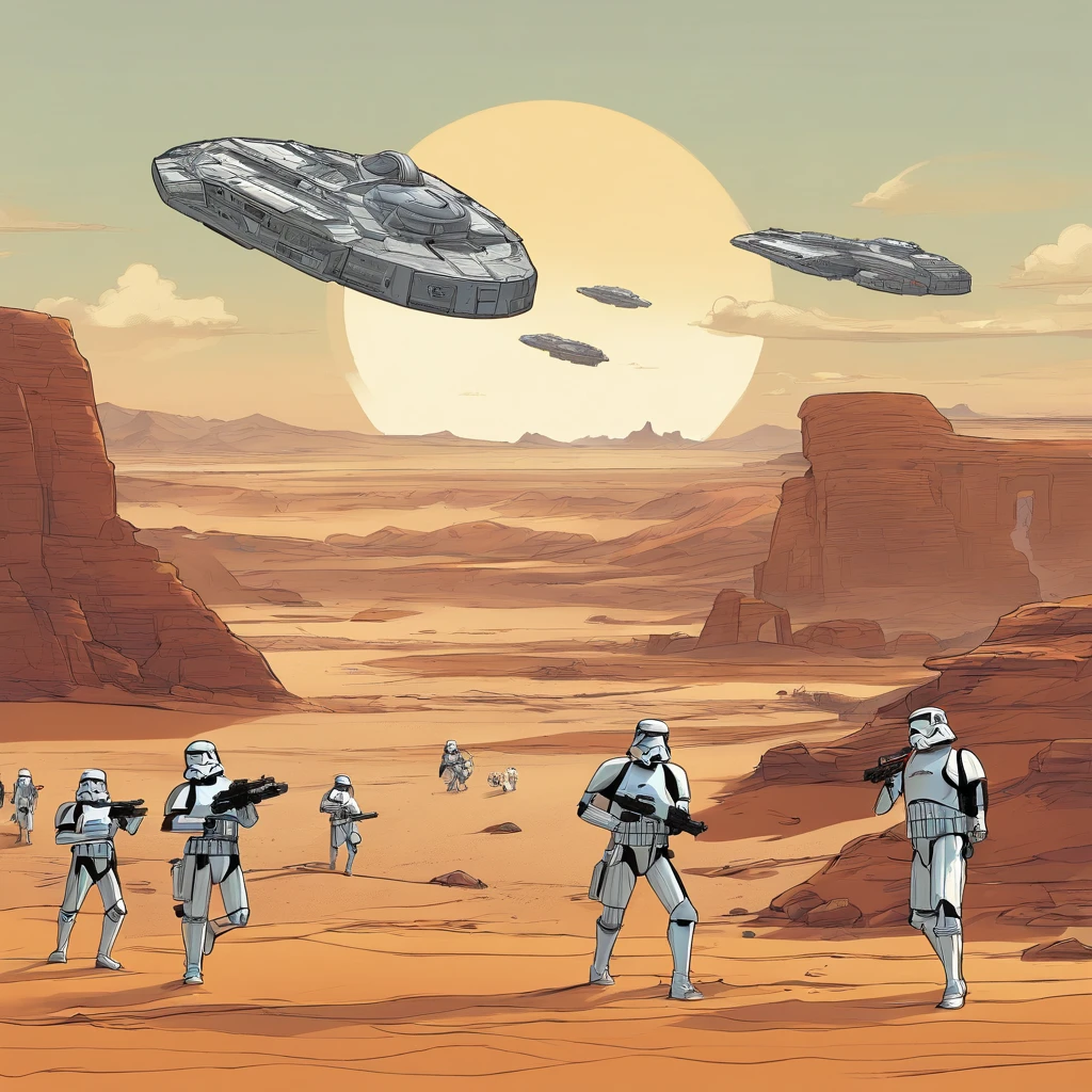 star wars scene with a group of troopers and a spaceship, battle of geonosis, inspired by Ralph McQuarrie, star wars concept art, tie fighters patrolling, tatooine, concept art artwork masterpiece, on a remote desert planet, lucasfilm jesper ejsing, from star wars legends, star wars art, droids