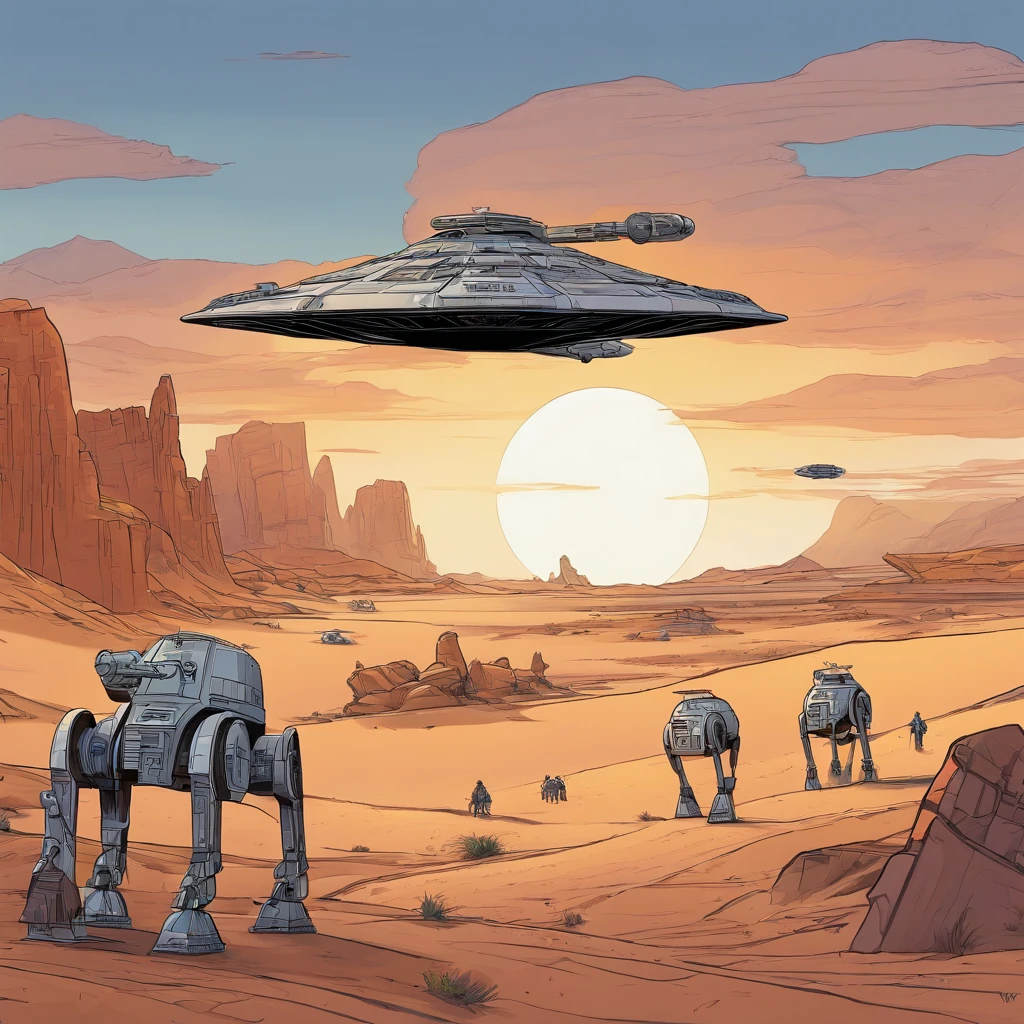 star wars scene with a group of troopers and a spaceship, battle of geonosis, inspired by Ralph McQuarrie, star wars concept art, tie fighters patrolling, tatooine, concept art artwork masterpiece, on a remote desert planet, lucasfilm jesper ejsing, from star wars legends, star wars art, droids