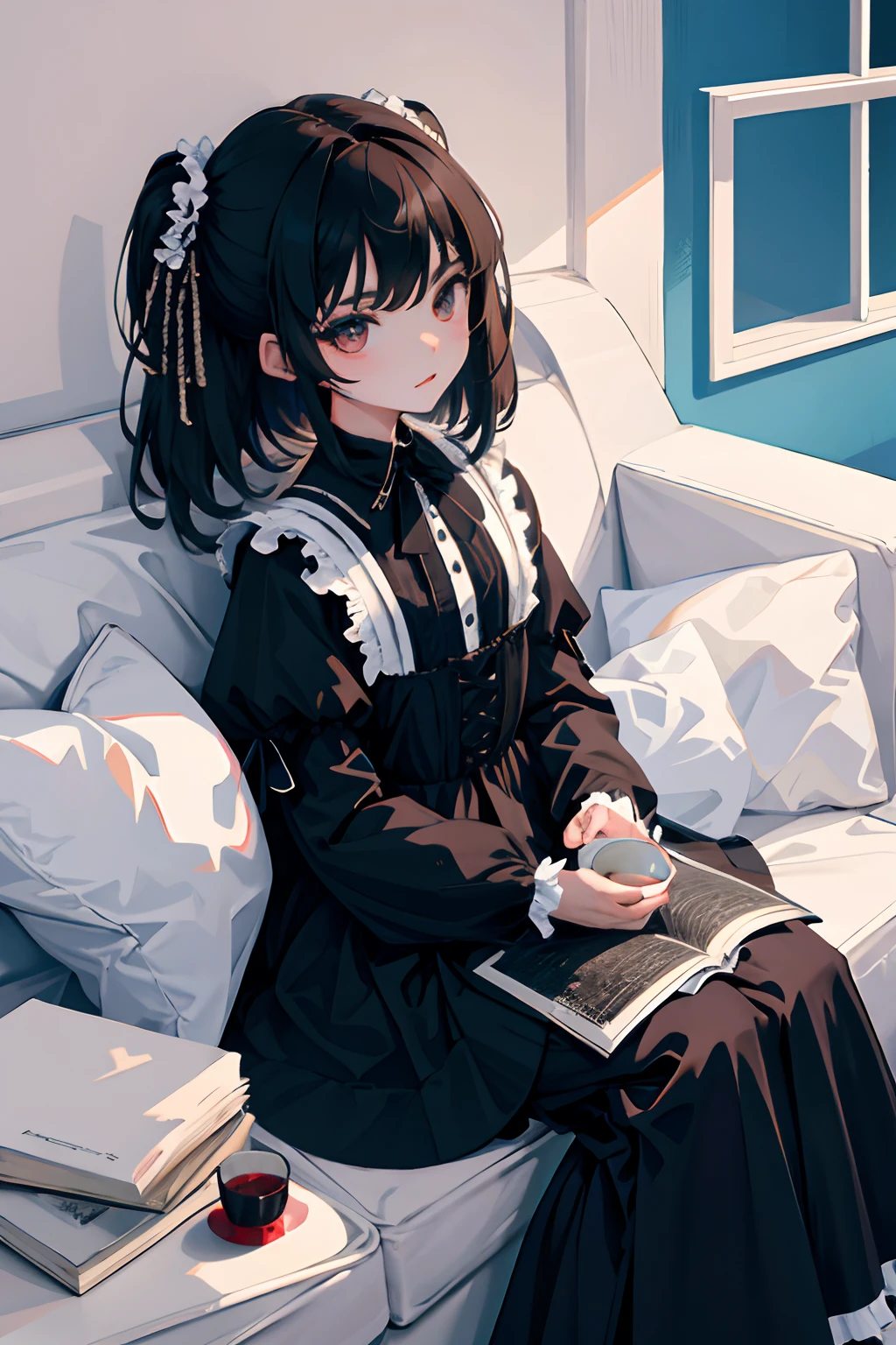 ，（​masterpiece，Highest Quality），Black Lolita Clothes，A dark-haired，Blue Wall，black tea