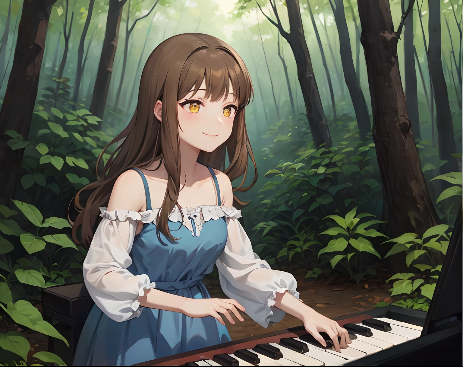 Yellow eyes, brown hair, little smile, satisfied expression