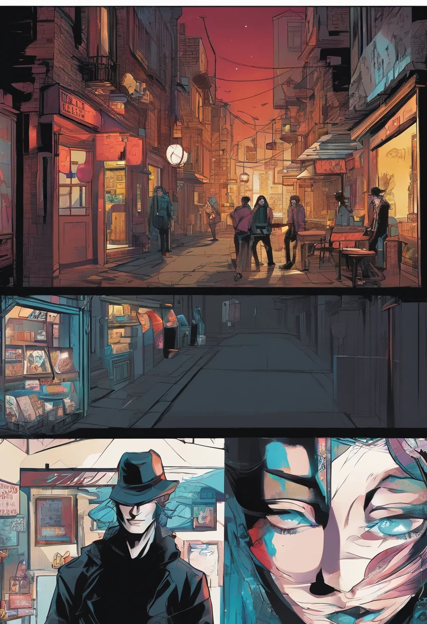 location: Setting up the scene is difficult, Rain-soaked city alleys. Emphasize the contrast between darkness, Wet pavement and neon sign in the background, Cast an eerie glow. Character style: Present our heroes with meticulous attention to detail. Their stylish black outfits should have a slight reflective sheen, The crimson mask should appear both mysterious and iconic. Style suggestions: Use deep, moody colors,Focus on shadows and reflections,Create a black atmosphere.