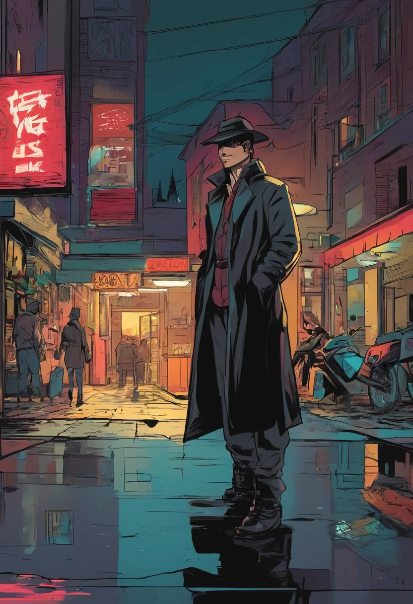 location: Setting up the scene is difficult, Rain-soaked city alleys. Emphasize the contrast between darkness, Wet pavement and neon sign in the background, Cast an eerie glow. Character style: Present our heroes with meticulous attention to detail. Their stylish black outfits should have a slight reflective sheen, The crimson mask should appear both mysterious and iconic. Style suggestions: Use deep, moody colors,Focus on shadows and reflections,Create a black atmosphere.
